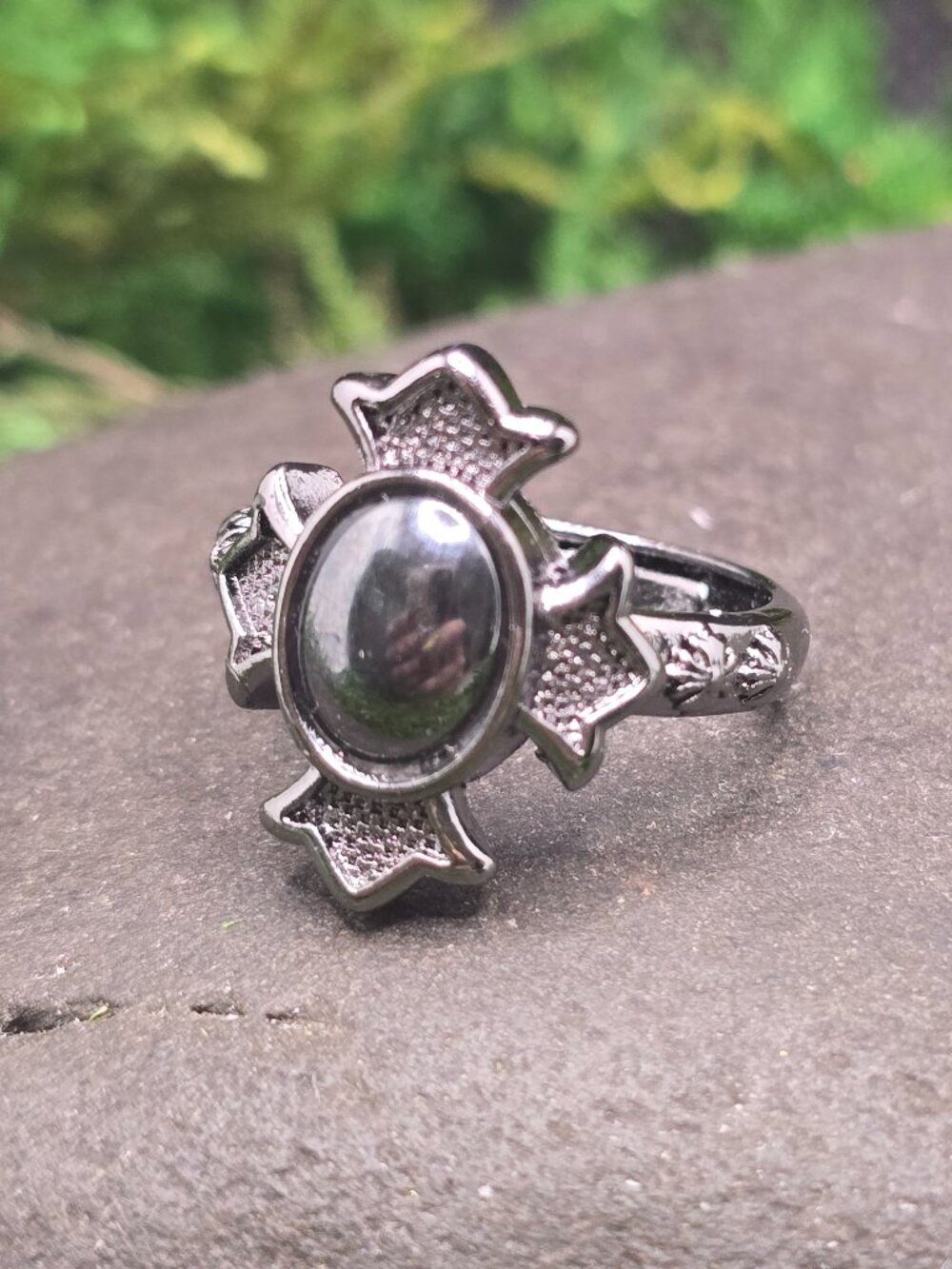 Hematite Cross Adjustable Ring Size 6-10 Gunmetal Gemstone Jewelry